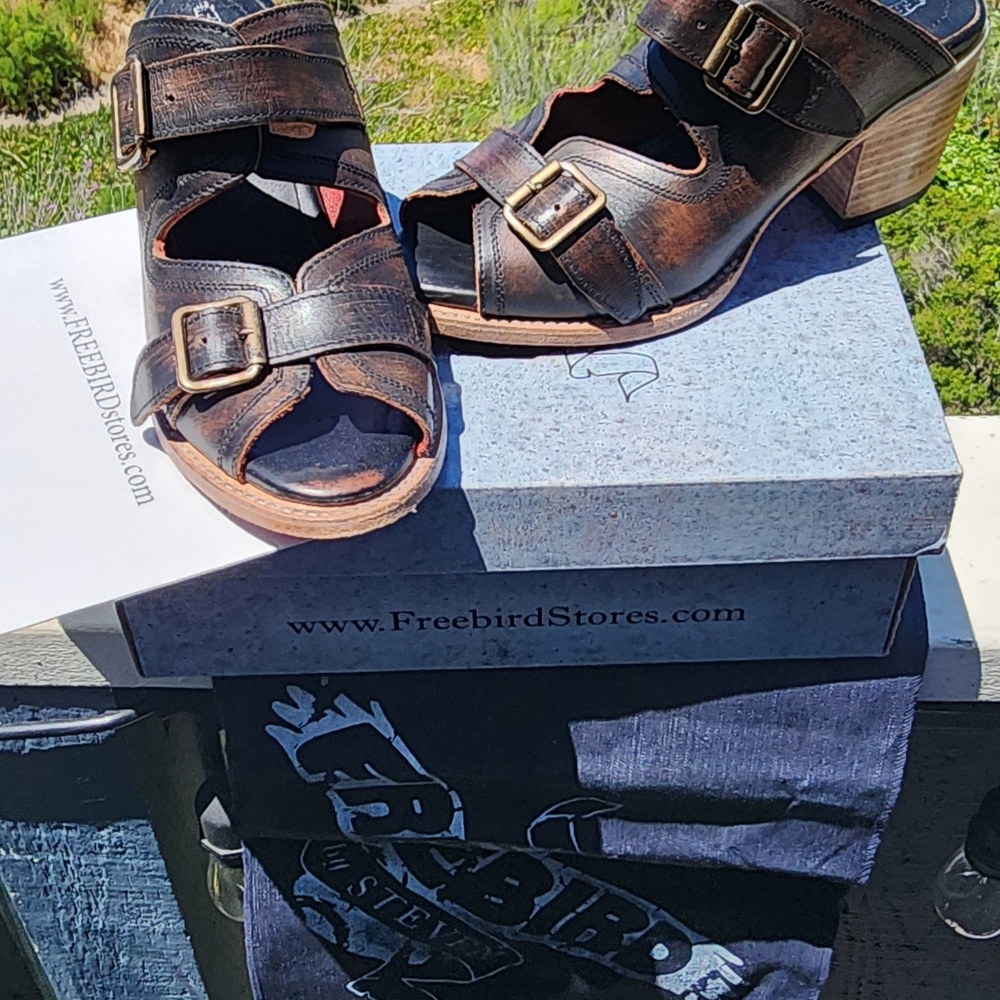 Freebird by Steven Distressed Brown Leather Buckle Block-Heel Sandals